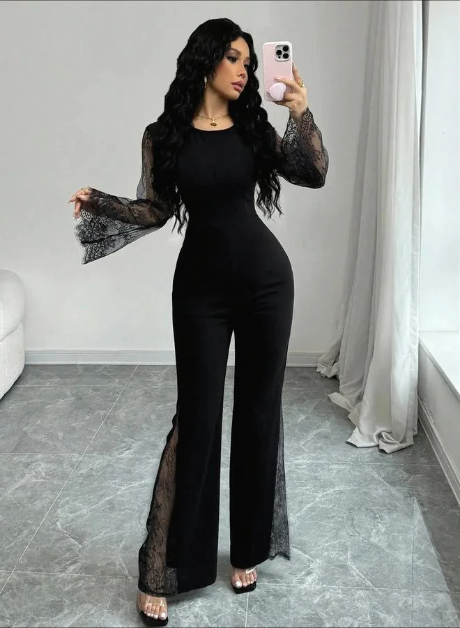 Take Two  Black Flared Jumpsuit with Lace Sleeves for Women | Best Price UAE