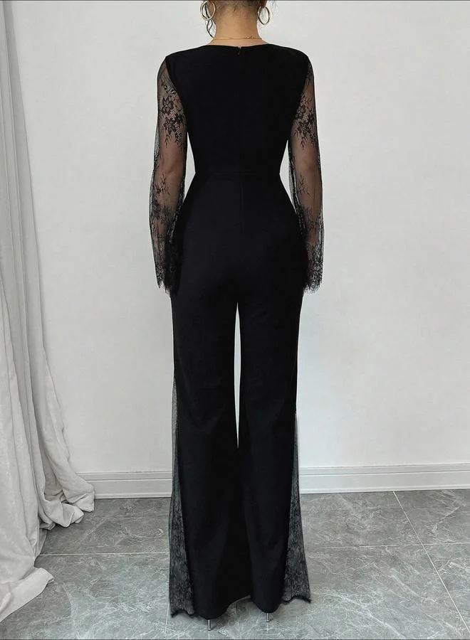 Take Two  Black Flared Jumpsuit with Lace Sleeves for Women | Best Price UAE