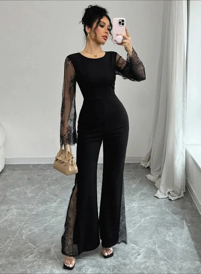 Take Two  Black Flared Jumpsuit with Lace Sleeves for Women | Best Price UAE