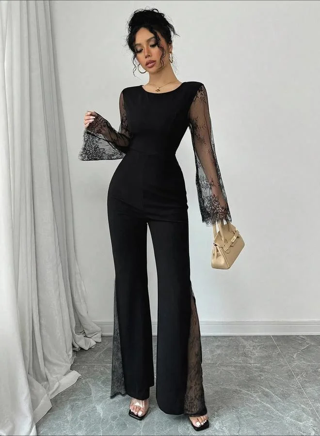 Take Two  Black Flared Jumpsuit with Lace Sleeves for Women | Best Price UAE