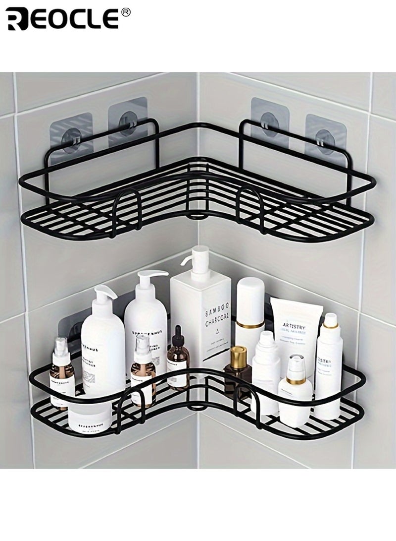 REOCLE 2pcs No-Drill Wall-Mounted Bathroom Storage Shelf with 2 Hook Adhesive Patches Corner Shower Rack Rust-Resistant Durable Stainless Steel Suitable for Storing Shampoo Toner and Cosmetics - Image 4