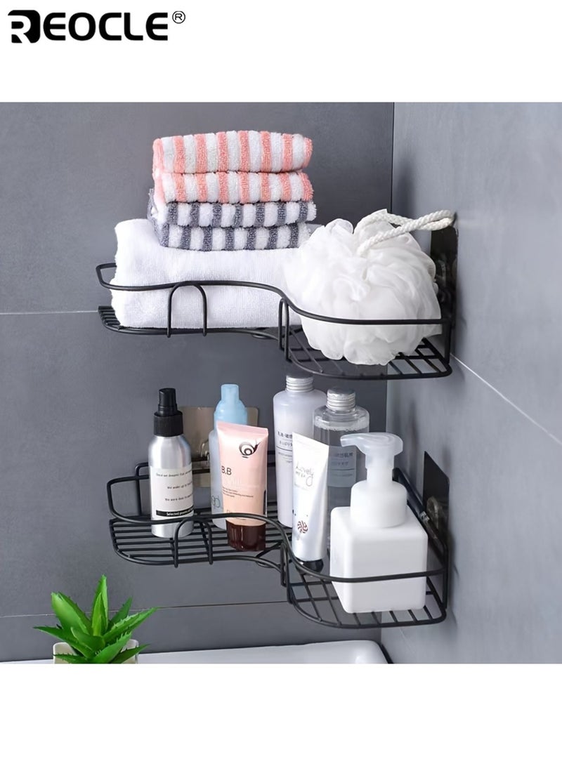 REOCLE 2pcs No-Drill Wall-Mounted Bathroom Storage Shelf with 2 Hook Adhesive Patches Corner Shower Rack Rust-Resistant Durable Stainless Steel Suitable for Storing Shampoo Toner and Cosmetics - Image 5