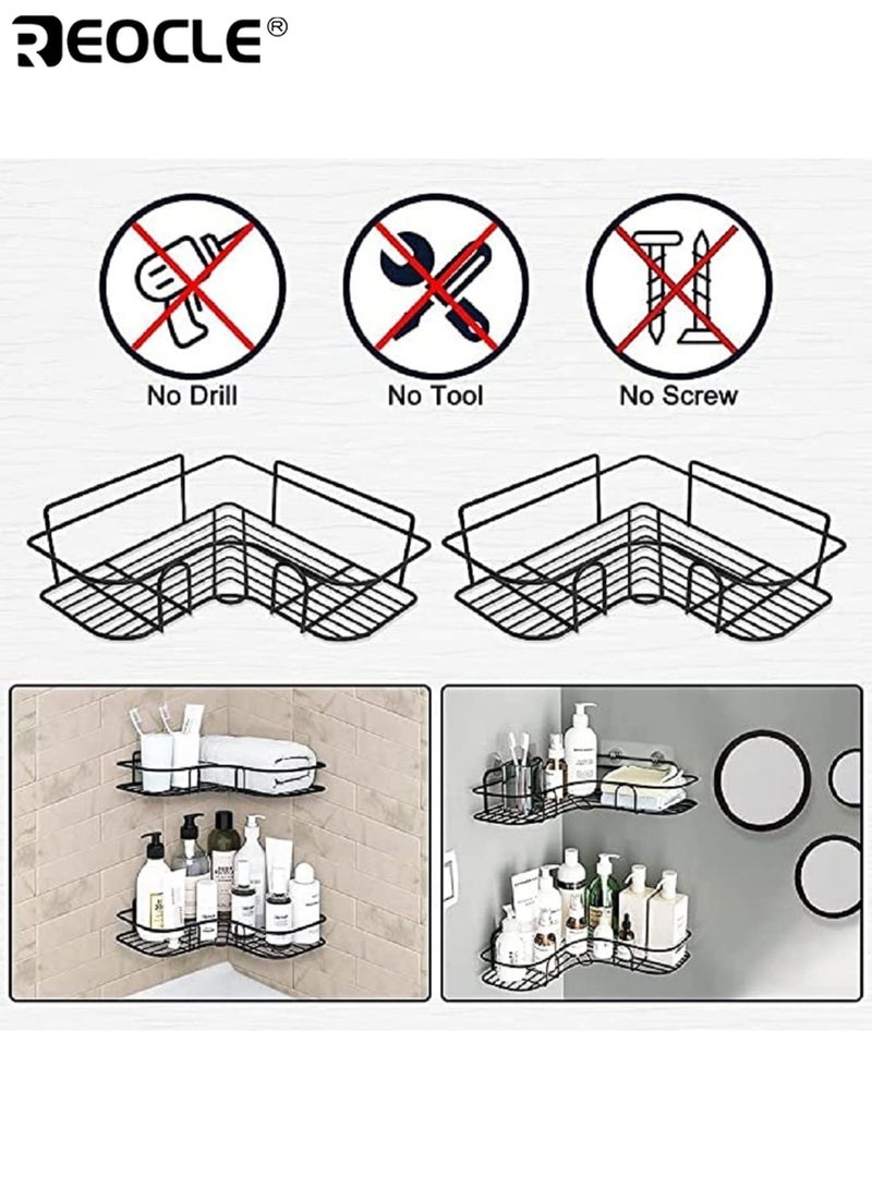 REOCLE 2pcs No-Drill Wall-Mounted Bathroom Storage Shelf with 2 Hook Adhesive Patches Corner Shower Rack Rust-Resistant Durable Stainless Steel Suitable for Storing Shampoo Toner and Cosmetics - Image 2