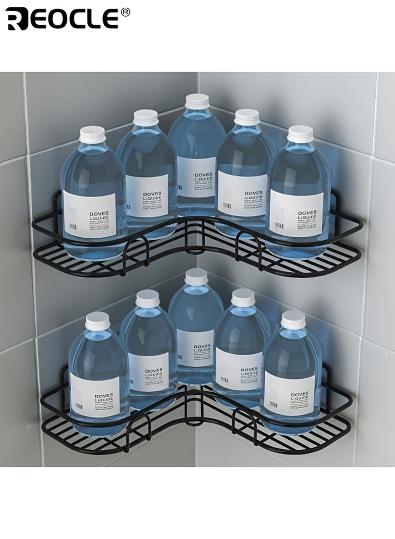 REOCLE 2pcs No-Drill Wall-Mounted Bathroom Storage Shelf with 2 Hook Adhesive Patches Corner Shower Rack Rust-Resistant Durable Stainless Steel Suitable for Storing Shampoo Toner and Cosmetics - Image 3