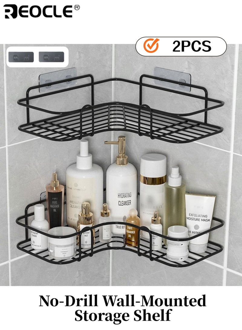 REOCLE 2pcs No-Drill Wall-Mounted Bathroom Storage Shelf with 2 Hook Adhesive Patches Corner Shower Rack Rust-Resistant Durable Stainless Steel Suitable for Storing Shampoo Toner and Cosmetics - Image 1