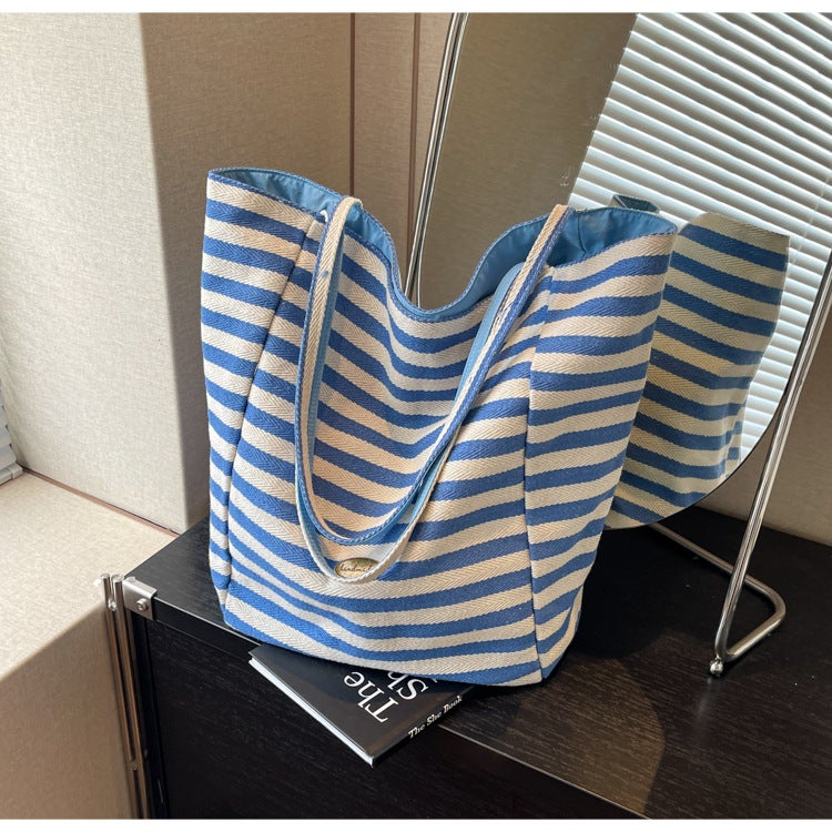 Large-Capacity Shoulder Bag Korean Style Student Bag Western Style Casual Striped Tote Bag Women'S Portable Cross-Body Bag