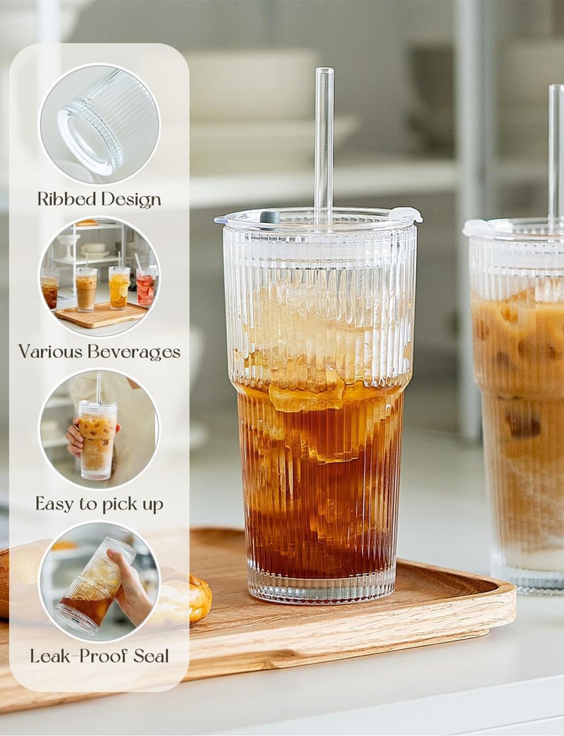 MINGHYZYA 20 oz Glass Tumblers, Iced Coffee Cups with Lids and Glass Straws, Thickened Wall Ribbed Glass Cups, Ideal for Smoothies, Cocktails, and Juices â€“ Vintage and Durable Drinkware â€“ 1 Pack - Image 4