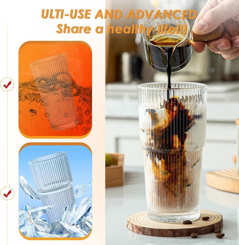 MINGHYZYA 20 oz Glass Tumblers, Iced Coffee Cups with Lids and Glass Straws, Thickened Wall Ribbed Glass Cups, Ideal for Smoothies, Cocktails, and Juices â€“ Vintage and Durable Drinkware â€“ 1 Pack - Image 2