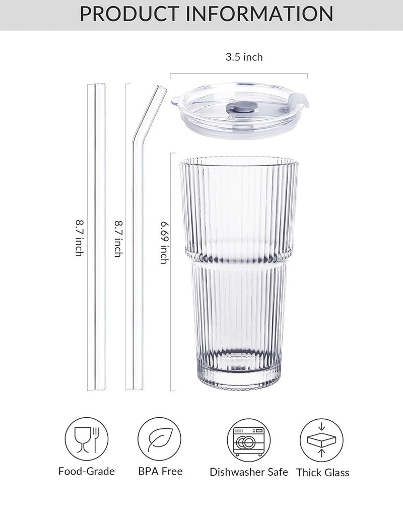 MINGHYZYA 20 oz Glass Tumblers, Iced Coffee Cups with Lids and Glass Straws, Thickened Wall Ribbed Glass Cups, Ideal for Smoothies, Cocktails, and Juices â€“ Vintage and Durable Drinkware â€“ 1 Pack - Image 3
