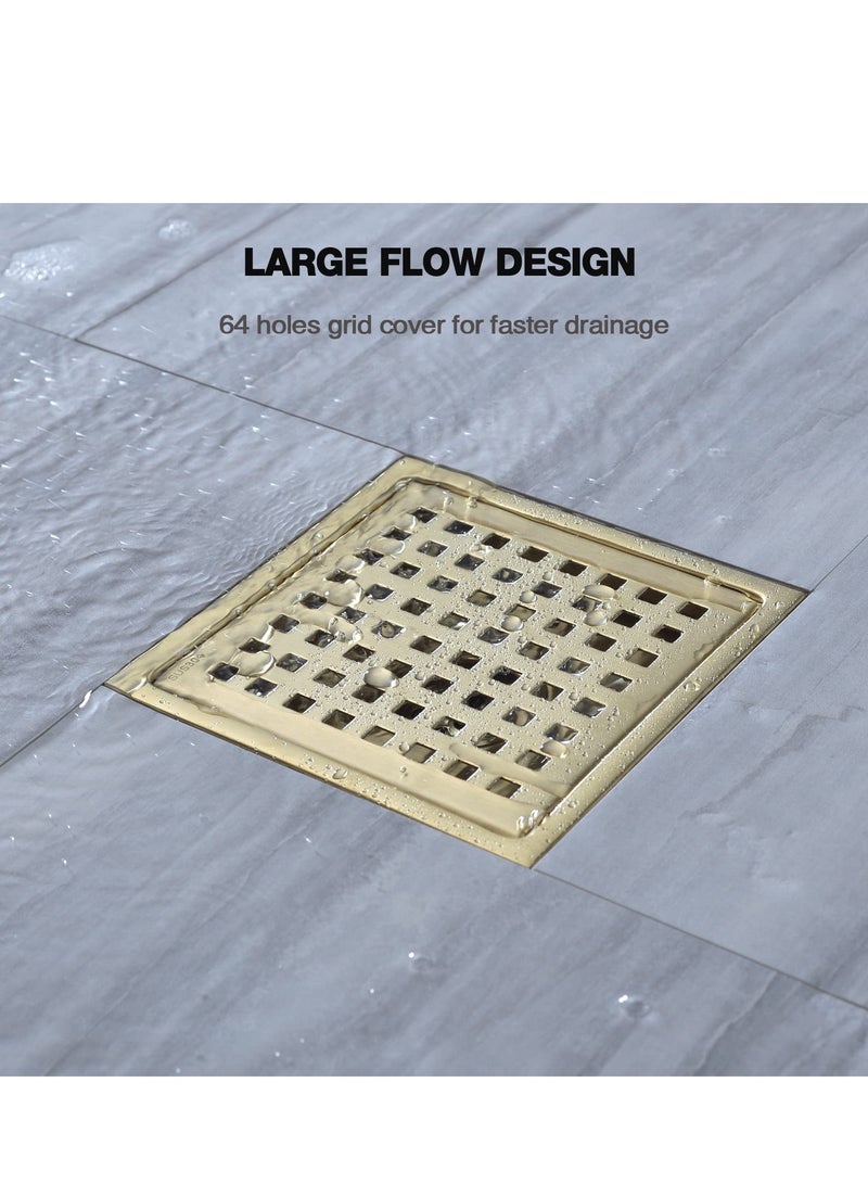 SYOSI 6 Inch Square Shower Floor Drain with Base, Food-Grade SUS 304 Stainless Steel, Adjustable Adapter Drain Strainer with Removable Mesh Grille, Brushed Gold Brass - Image 4