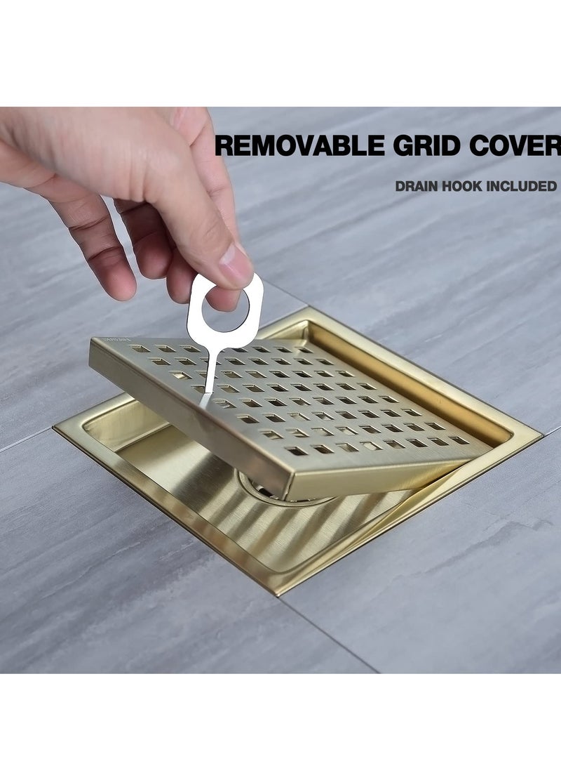 SYOSI 6 Inch Square Shower Floor Drain with Base, Food-Grade SUS 304 Stainless Steel, Adjustable Adapter Drain Strainer with Removable Mesh Grille, Brushed Gold Brass - Image 5