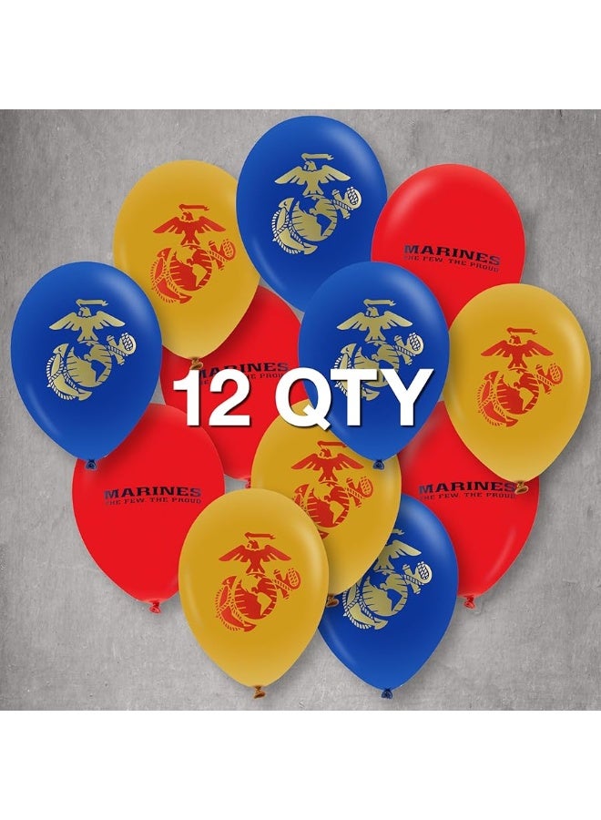 Havercamp U.S. Marines Party Balloons (12pcs) 12â€ Latex Balloons in Red, Gold, and Blue with contrasting print on 2 sides. Officially Licensed with U.S.Marines Made in Italy by Havercamp. - Image 1