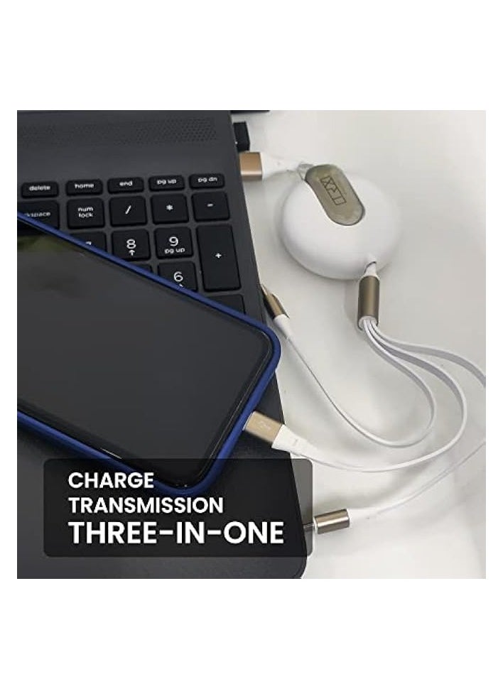 TRX TRAVELSTYLE - Multi USB Charging Cable Retractable 3-in-1 Multi-USB Fast Charger Cable 4ft/1.2m, for Lightning, Micro-USB Type-C Compatible Phone, Tablet iPad Smartphone, Universal Use, White Colour - Image 1