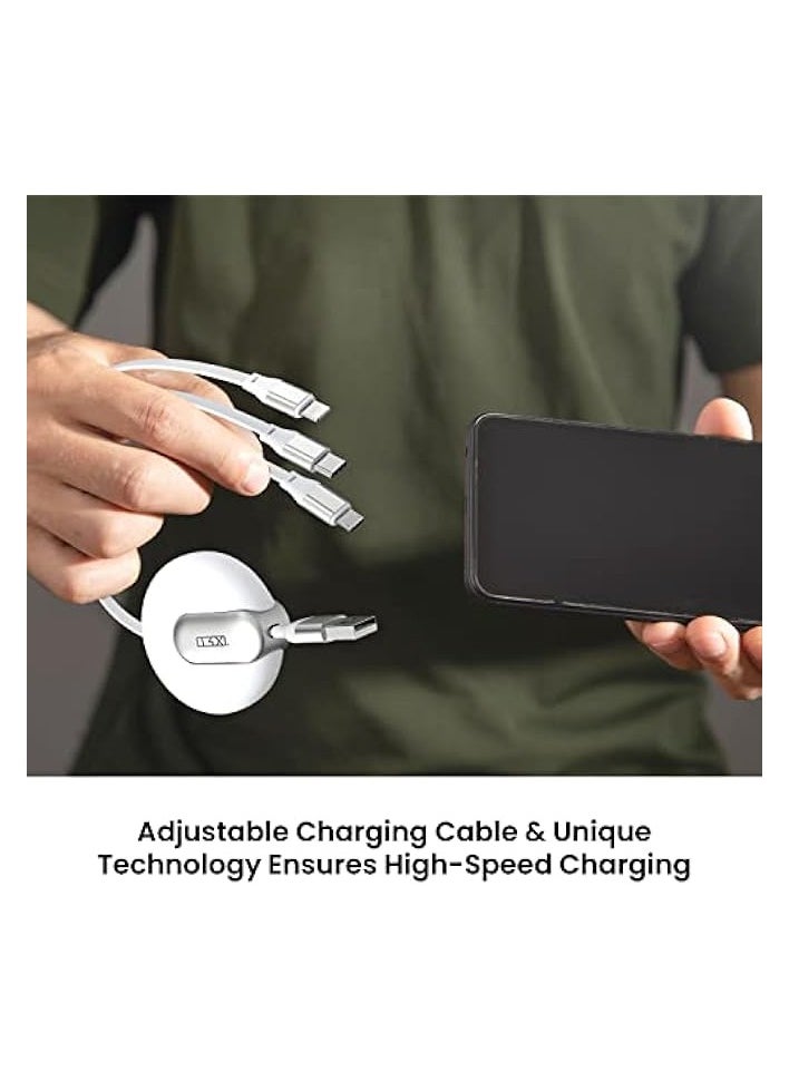 TRX TRAVELSTYLE - Multi USB Charging Cable Retractable 3-in-1 Multi-USB Fast Charger Cable 4ft/1.2m, for Lightning, Micro-USB Type-C Compatible Phone, Tablet iPad Smartphone, Universal Use, White Colour - Image 1