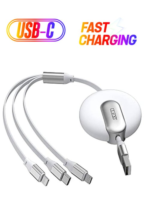 Multi USB Charging Cable Retractable 3-in-1 Multi-USB Fast Charger Cable 4ft/1.2m, for Lightning, Micro-USB Type-C Compatible Phone, Tablet iPad Smartphone, Universal Use, White Colour