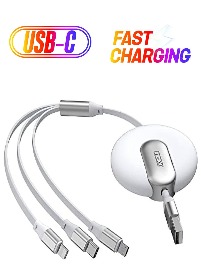 TRX TRAVELSTYLE - Multi USB Charging Cable Retractable 3-in-1 Multi-USB Fast Charger Cable 4ft/1.2m, for Lightning, Micro-USB Type-C Compatible Phone, Tablet iPad Smartphone, Universal Use, White Colour - Image 1