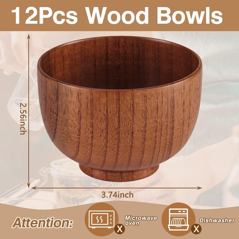 Tioncy 12 Pcs Acacia Wood Small Bowls Wooden Bowls Japanese Cups for Food Dipping Sauce Soup Salad Rice Serving Decorations Charcuterie Boards 374 x 256 Inch - Image 2