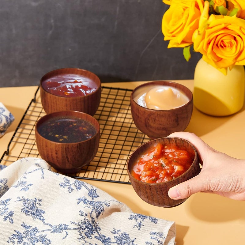 Tioncy 12 Pcs Acacia Wood Small Bowls Wooden Bowls Japanese Cups for Food Dipping Sauce Soup Salad Rice Serving Decorations Charcuterie Boards 374 x 256 Inch - Image 4