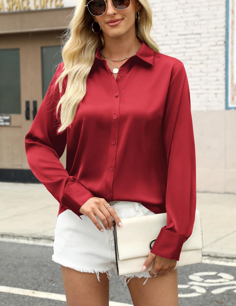 Zeagoo Satin Blouses for Women Silk Button Down Shirts Long Sleeve Business Casual Tops Red - Image 4
