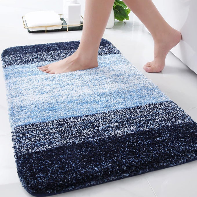 MICROFIBER BATHROOM RUGS SHAGGY SOFT AND ABSORBENT BATH RUG NONSLIP THICK PLUSH MACHINE WASHABLE DRY BATH MATS FOR BATHROOM TUB AND SHOWER 30X20 BLUE