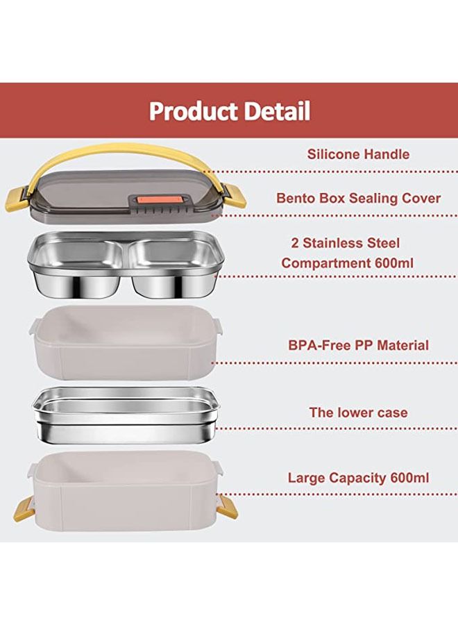 Arabest Bento Lunch Box for Adults & Kids, Reusable Stainless Steel Handheld Portable 2 Layers Meal Box, 1200ml Leakproof Food Storage Containers, Microwave Dishwasher Safe Lunch Box - Gray - Image 2
