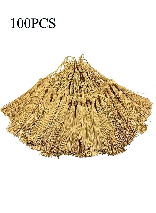 YJ 100 Pieces Light Gold 13 cm/5 Inch Silk Handmade Soft Tassel Silk Thread Bookmark Tassel with Rope Loop for Jewelry Making DIY Craft Accessories - Image 1