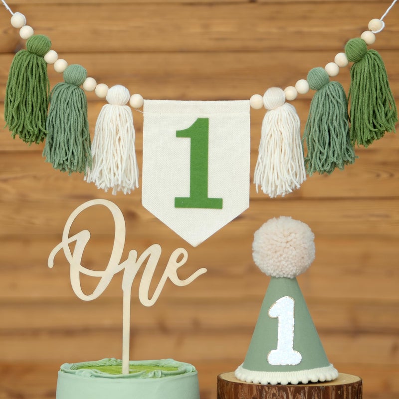 Ereniko Handmade Boho Green 1st Birthday High Chair Banner Decorations for Baby Boys First Birthday Hat With One Cake Topper Happy Birthday Photoshoot Props Photo Props - Image 1