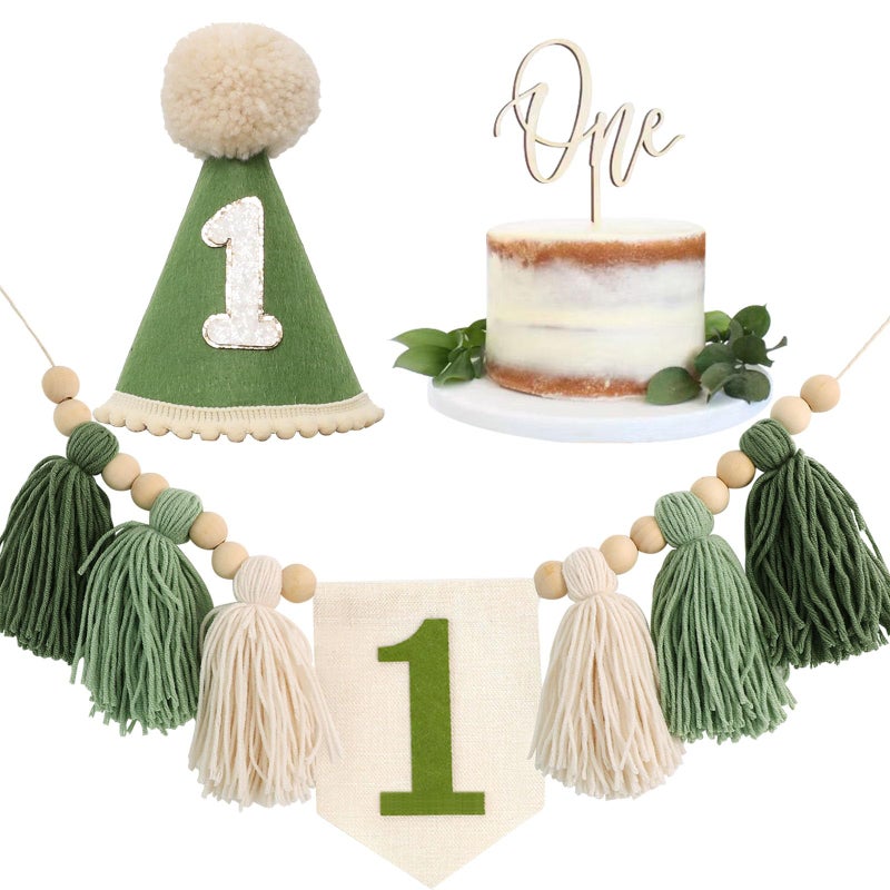 Ereniko Handmade Boho Green 1st Birthday High Chair Banner Decorations for Baby Boys First Birthday Hat With One Cake Topper Happy Birthday Photoshoot Props Photo Props - Image 4