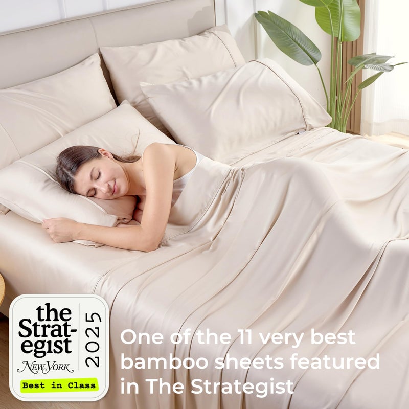 GOKOTTA King Size Sheets Set 4 Piece, 100% FSCÂ® Certified Rayon Derived from Bamboo,Luxury Breathable and Silky Soft Sheets, Deep Pocket 16" Fitted Sheet with Elastic Corner Straps, Beige - Image 5