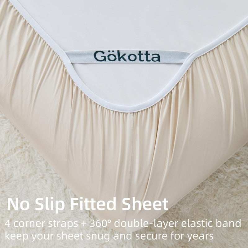 GOKOTTA King Size Sheets Set 4 Piece, 100% FSCÂ® Certified Rayon Derived from Bamboo,Luxury Breathable and Silky Soft Sheets, Deep Pocket 16" Fitted Sheet with Elastic Corner Straps, Beige - Image 4