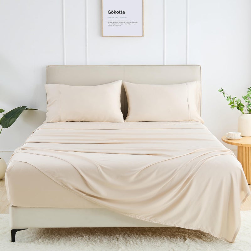 GOKOTTA King Size Sheets Set 4 Piece, 100% FSCÂ® Certified Rayon Derived from Bamboo,Luxury Breathable and Silky Soft Sheets, Deep Pocket 16" Fitted Sheet with Elastic Corner Straps, Beige - Image 1