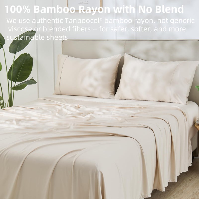GOKOTTA King Size Sheets Set 4 Piece, 100% FSCÂ® Certified Rayon Derived from Bamboo,Luxury Breathable and Silky Soft Sheets, Deep Pocket 16" Fitted Sheet with Elastic Corner Straps, Beige - Image 3