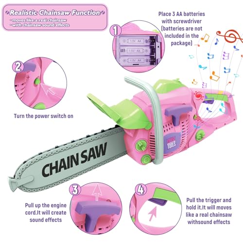 EP EXERCISE N PLAY Kids Construction Tool Set for 3 4 5 6 7 Year Old Boys Girl,Pink Preschool Pretend Play Tool,Pretend Play Tools Set Toddler Toys,with Electric Drill Chainsaw、Electric Drill,Toy Tools Gifts for Kids - Image 4