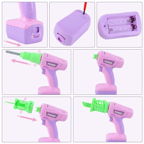 EP EXERCISE N PLAY Kids Construction Tool Set for 3 4 5 6 7 Year Old Boys Girl,Pink Preschool Pretend Play Tool,Pretend Play Tools Set Toddler Toys,with Electric Drill Chainsaw、Electric Drill,Toy Tools Gifts for Kids - Image 5