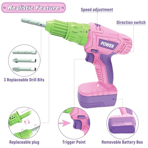 EP EXERCISE N PLAY Kids Construction Tool Set for 3 4 5 6 7 Year Old Boys Girl,Pink Preschool Pretend Play Tool,Pretend Play Tools Set Toddler Toys,with Electric Drill Chainsaw、Electric Drill,Toy Tools Gifts for Kids - Image 2