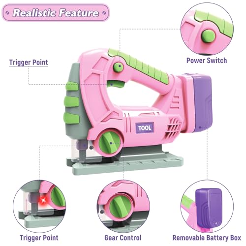 EP EXERCISE N PLAY Kids Construction Tool Set for 3 4 5 6 7 Year Old Boys Girl,Pink Preschool Pretend Play Tool,Pretend Play Tools Set Toddler Toys,with Electric Drill Chainsaw、Electric Drill,Toy Tools Gifts for Kids - Image 3