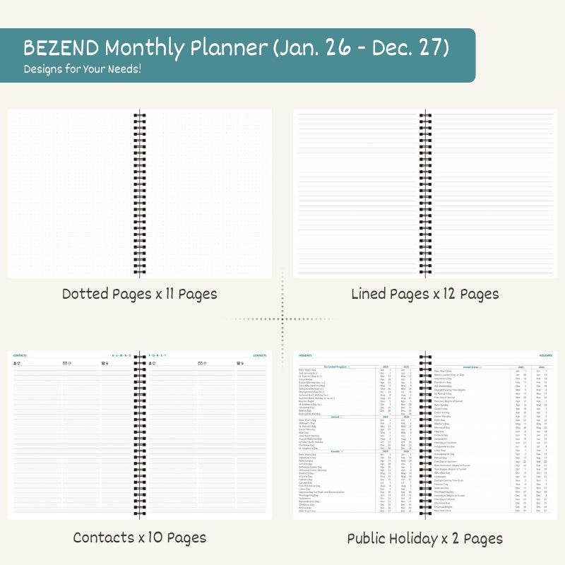 BEZEND Monthly Planner 2026-2027 (Spiral-8.5" x 11") 2 Year Calendar Book with Note Pages - Jan 26 to Dec 27-120 GSM Paper, Inner Pockets, Laminated Tabs, Vegan Leather Softcover - Black - Image 5