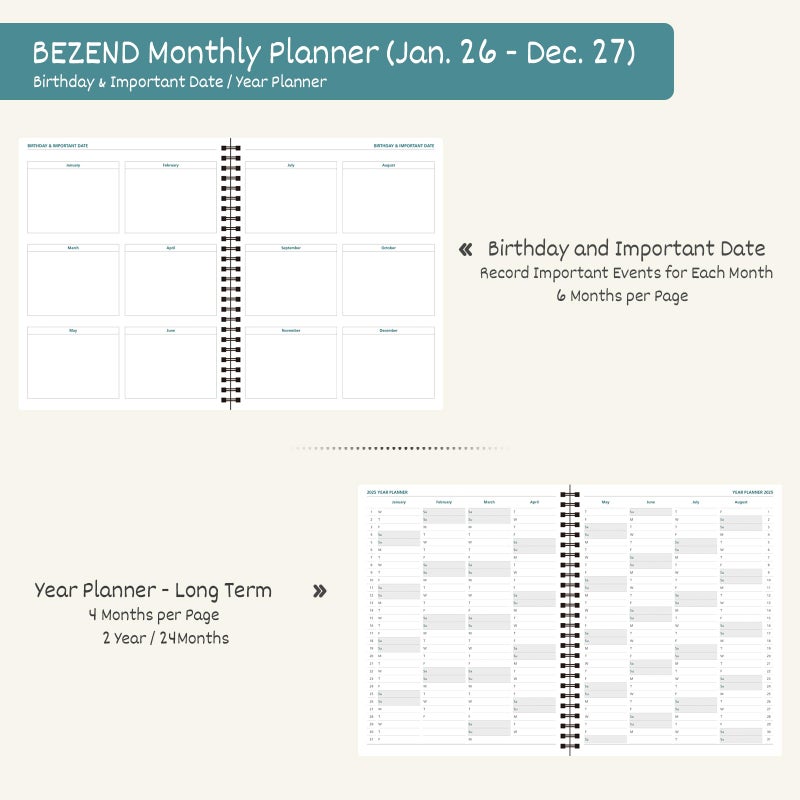 BEZEND Monthly Planner 2026-2027 (Spiral-8.5" x 11") 2 Year Calendar Book with Note Pages - Jan 26 to Dec 27-120 GSM Paper, Inner Pockets, Laminated Tabs, Vegan Leather Softcover - Black - Image 4