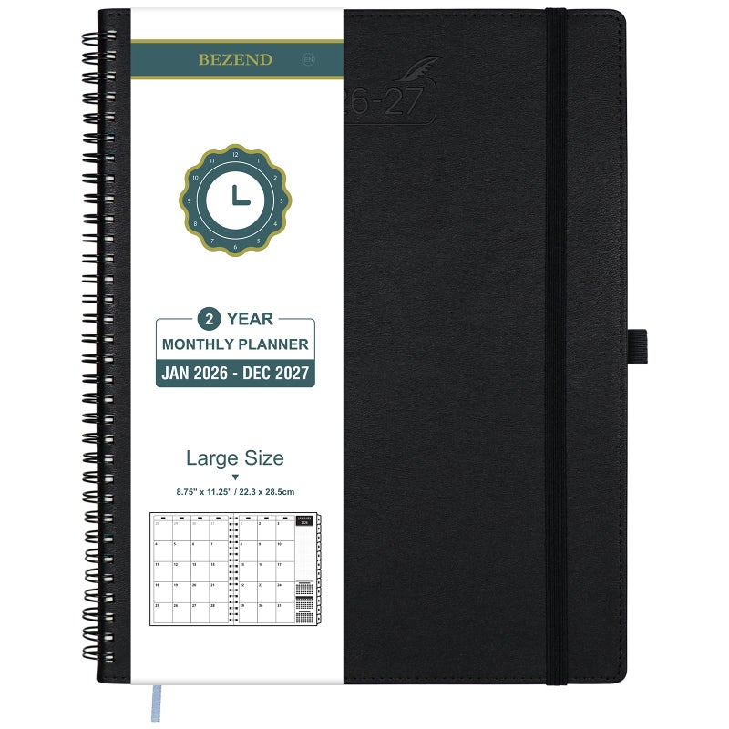 BEZEND Monthly Planner 2026-2027 (Spiral-8.5" x 11") 2 Year Calendar Book with Note Pages - Jan 26 to Dec 27-120 GSM Paper, Inner Pockets, Laminated Tabs, Vegan Leather Softcover - Black - Image 1