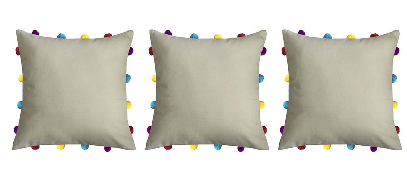 Lushomes Cushion Cover 14x14 Boho Cushion Covers Sofa Pillow Cover Cushion Covers with Tassels Cushion Cover with pom pom 14x14 Inches Set of 3 Beige - Image 1