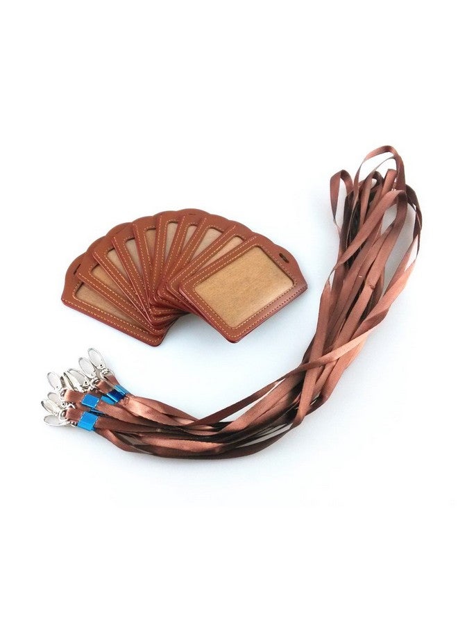 Yueton 10Pcs Vertical Style Leather Business Id Badge Card Holder, Name Card Business Card Holder Tag With Long Neck Strap Band Lanyard (Brown) - Image 2