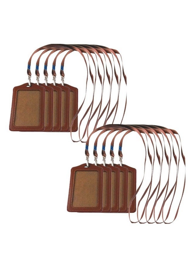Yueton 10Pcs Vertical Style Leather Business Id Badge Card Holder, Name Card Business Card Holder Tag With Long Neck Strap Band Lanyard (Brown) - Image 1