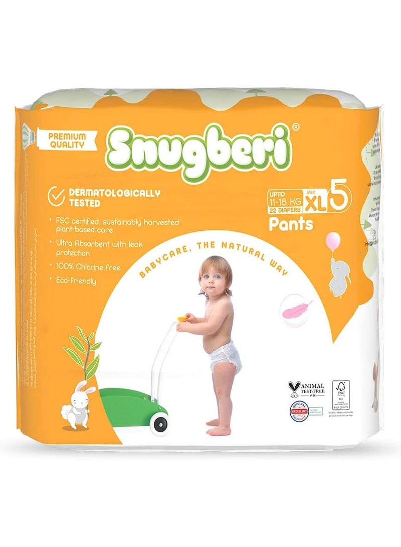Snugberi Pant Style Diapers, Size 5 XL, 22 Pieces, 11-18kg - Dermatologically Tested, Chlorine Free, Ultra Absorbent with Leak Protection