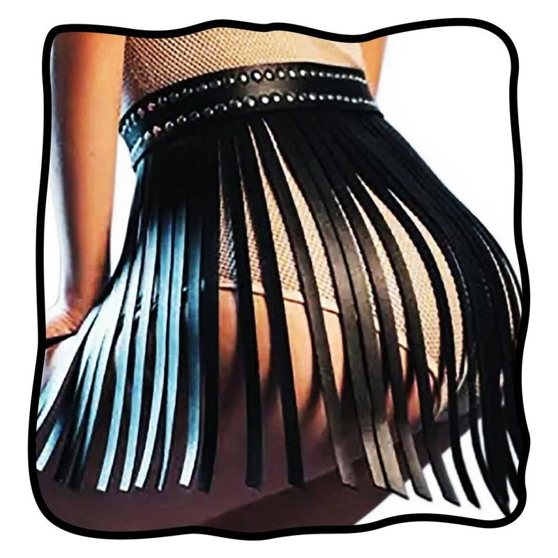 Nicute Black Fringe Belt Leather Fringe Skirt Fashion Tassel Belts for Women - Image 1