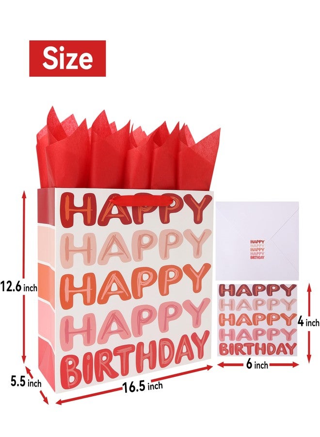 Qirrmiy 16.5" Extra Large Red Happy Birthday Gift Bag Set with Handles, Greeting Card, Tissue Papers and Stickers for Women Girls Kids Teens, Words Design, 1 Pcs - Image 2