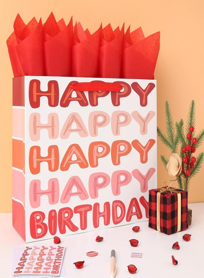 Qirrmiy 16.5" Extra Large Red Happy Birthday Gift Bag Set with Handles, Greeting Card, Tissue Papers and Stickers for Women Girls Kids Teens, Words Design, 1 Pcs - Image 5