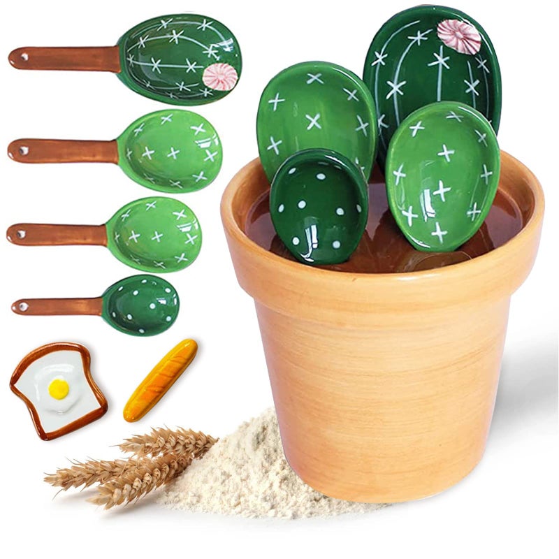 Cactus Measuring Spoons Set in Pot with StandCeramic Cacti Measuring Spoons Set with Measuring Cup for BakingSaltSugar Pure Green