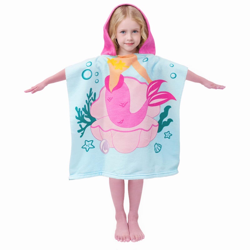growell Hooded Kids Beach Towels - Toddler Bath Towel Girls Boys Swim Cover-ups for Ages 1 to 6 Kids Pool Towels Quick Dry Lightweight Soft Microfiber Poncho Towel 24x24 (Mermaid Seashell) - Image 1