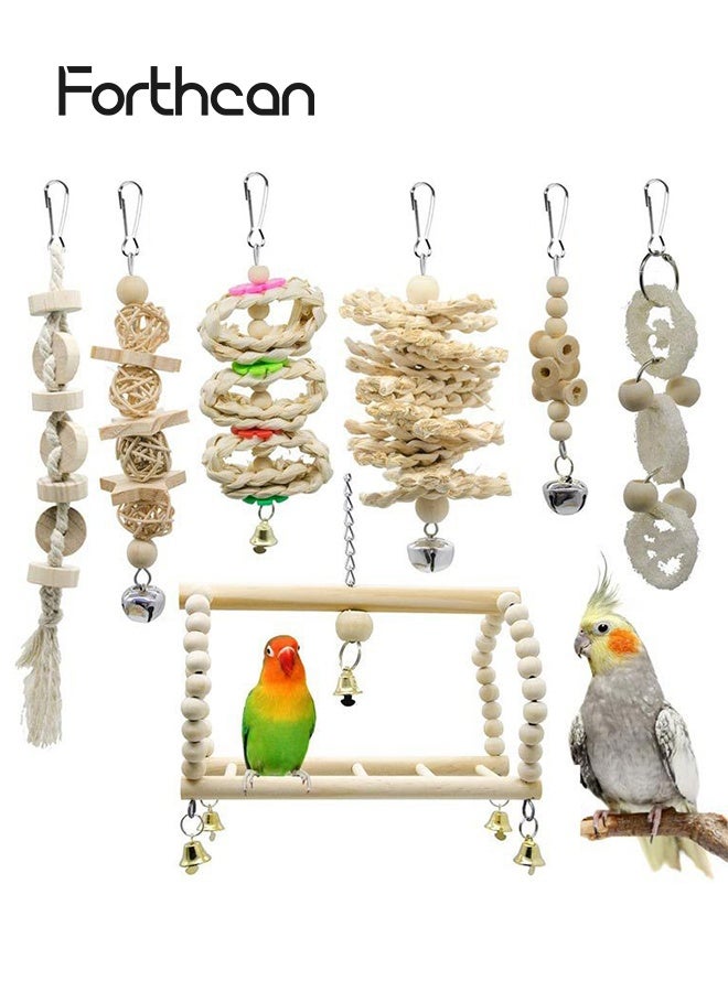 Forthcan Natural Wood Bird Cage Toys Set, Hanging Chew Swing and Climbing Ladder for Parrot, Parakeet, Cockatiel, Conure, Lovebirds and Small Birds - Image 1