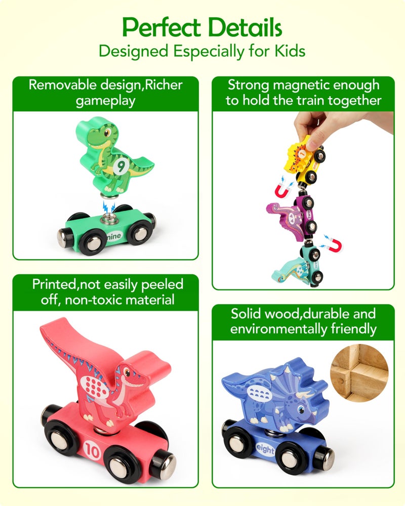 Vanmor Wooden Dinosaur Train Set for Toddlers - Magnetic Dinosaur Toys and Number Train, Perfect for Toddler Activities, Birthdays and Educational Toys Easter Basket Stuffers for Boys Aged 3-5 - Image 4